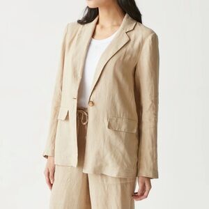 Michael Stars Lottie Linen Blazer Natural Large Khaki Tan One Button Long